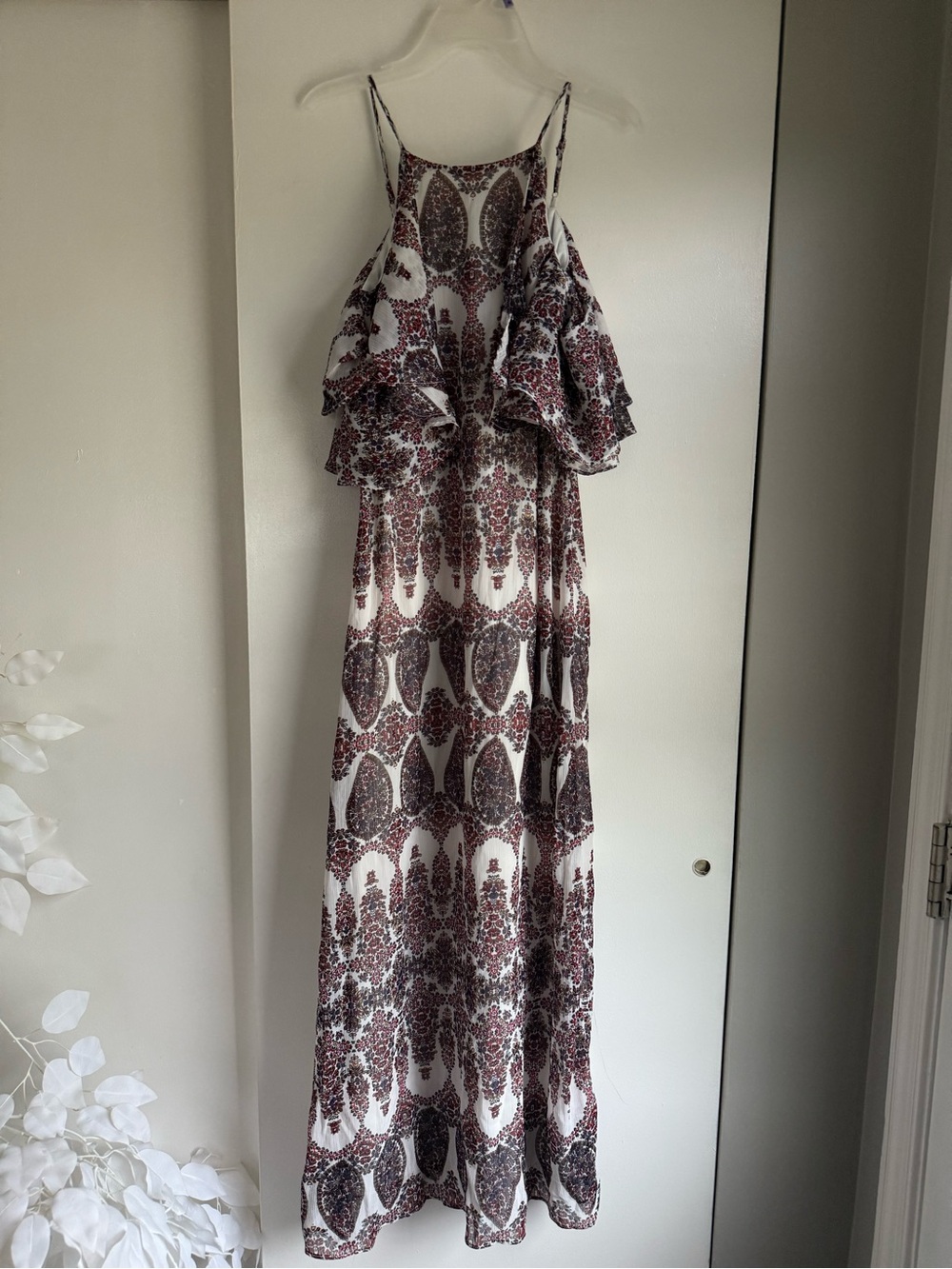 Banana Republic White Maxi Dress with Burgundy Paisley Print